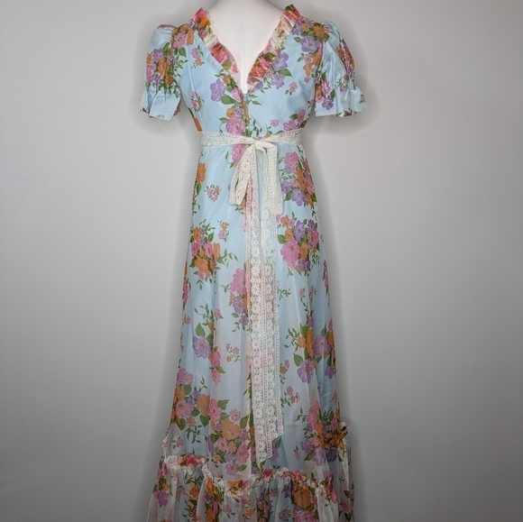 Vintage blue pink orange organza v neck puff sleeve ruffle neck maxi dress 10 - Picture 8 of 11